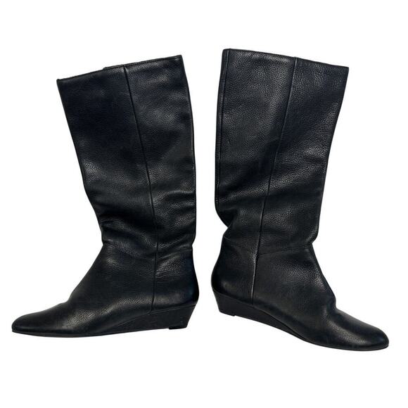 Steve Madden Size 6 Side Buckle Strap Mid Calf Wedge Heel Black Leather Boots - Picture 1 of 10